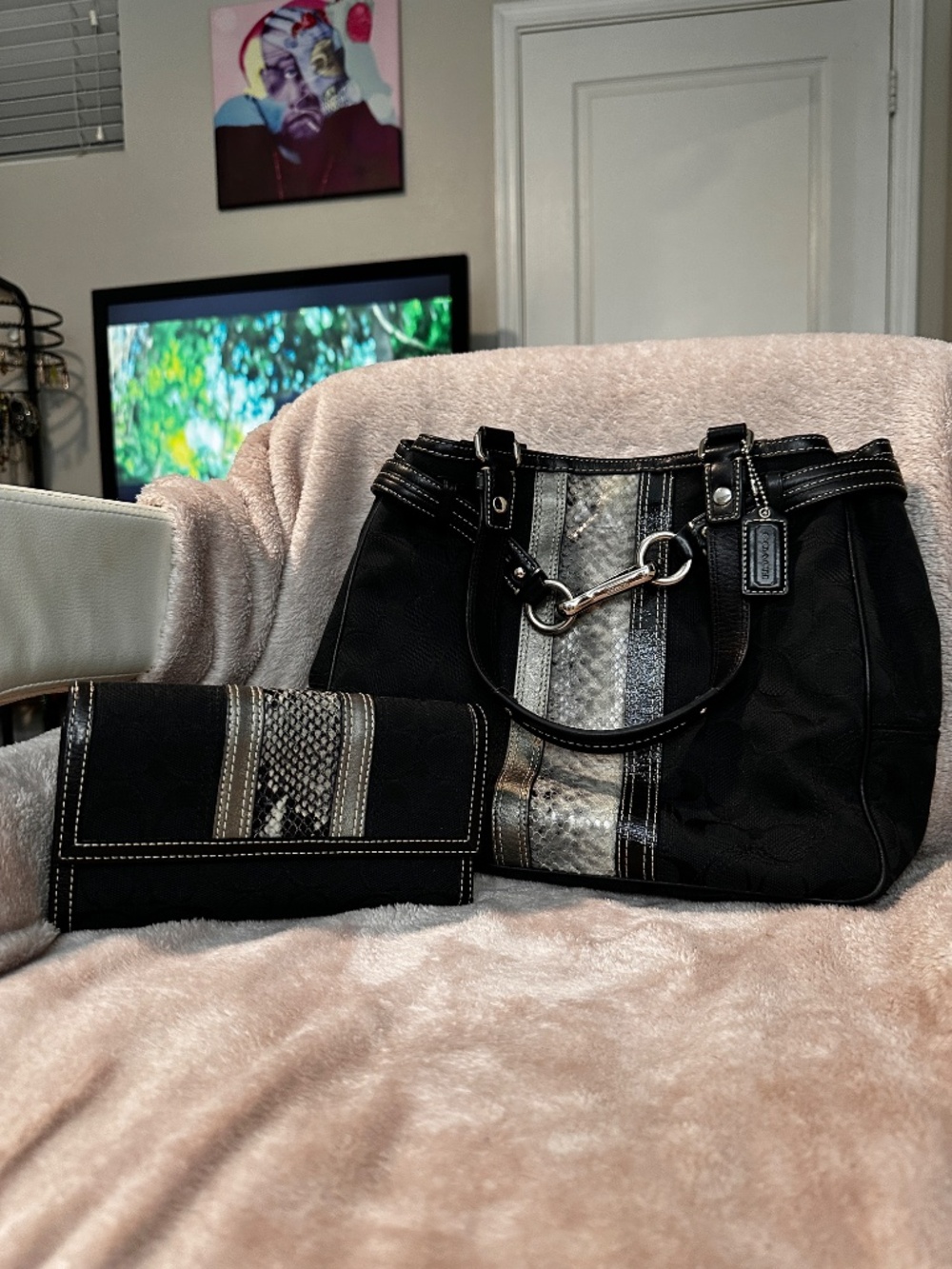 Black Signature Tote with Silver & Snake skin Accents